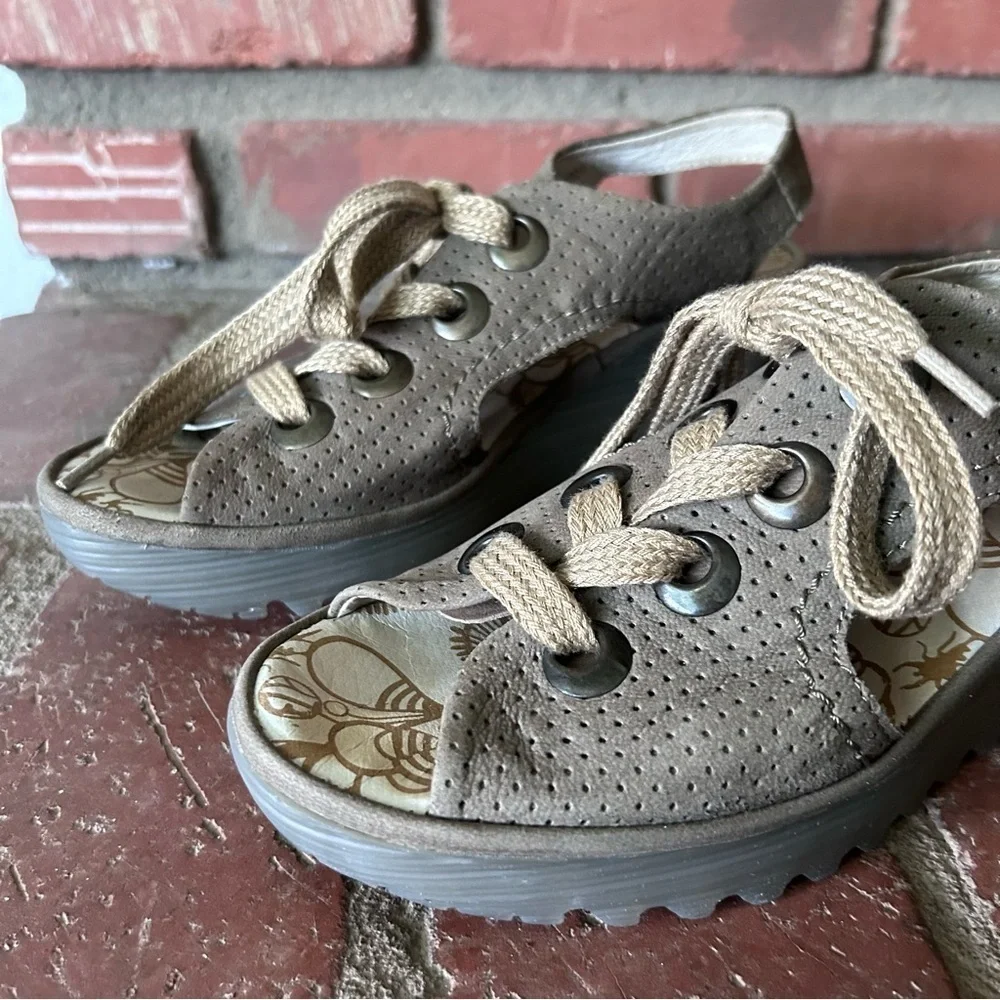 FLY London Luna Perforated Suede Lace-Up Wedge Sandals Sz 8/8.5